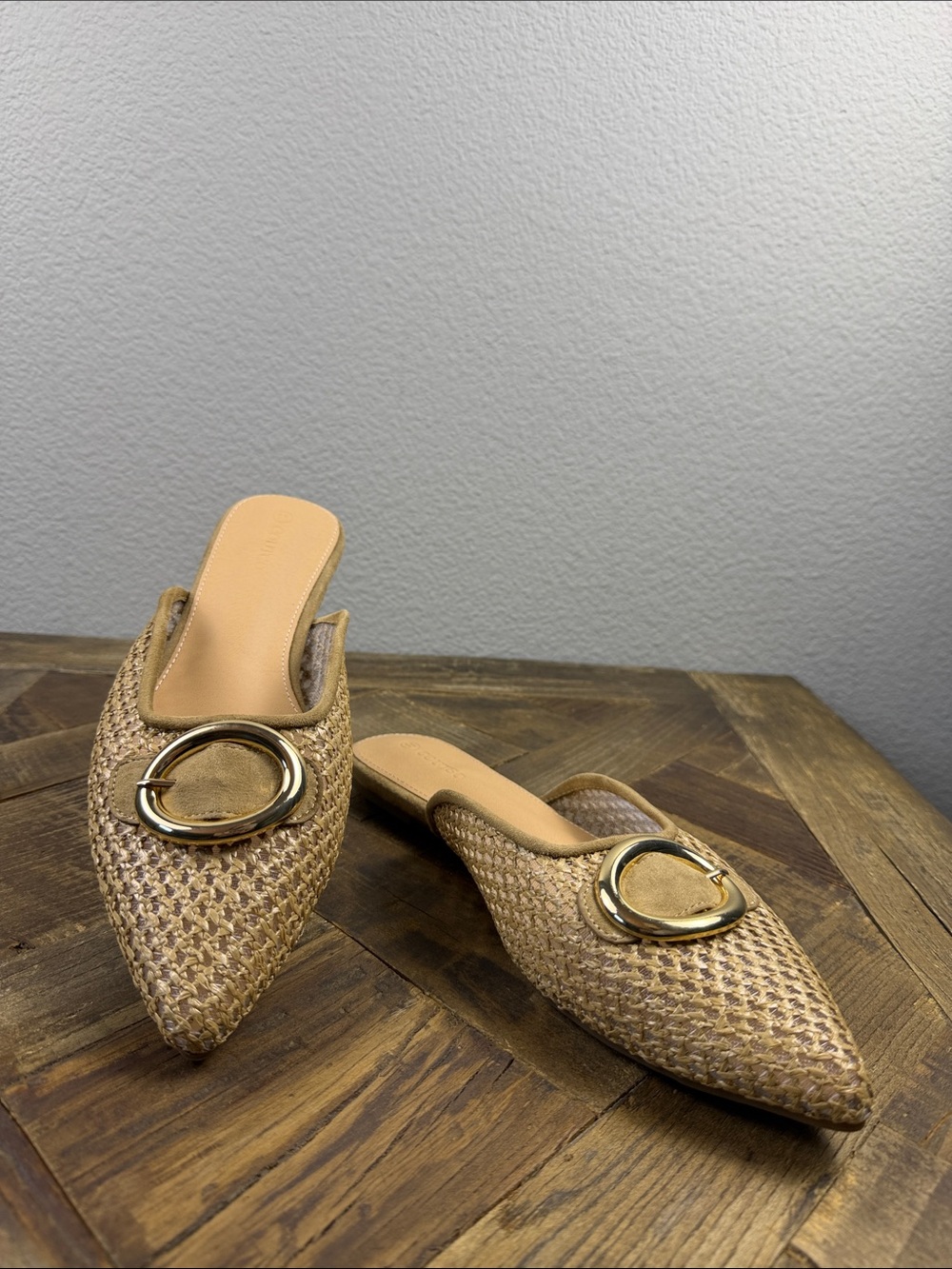 Size 11 Coutgo Pointed Woven Mule with Gold Ring in Tan